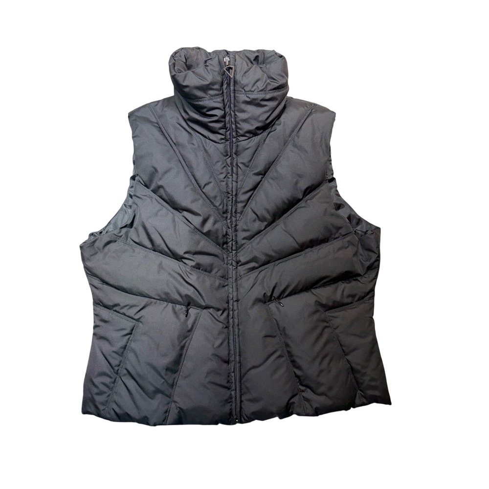 Black Chevron Quilted Down Puffer Vest Funnel Neck Sleeveless Jacket Large‎